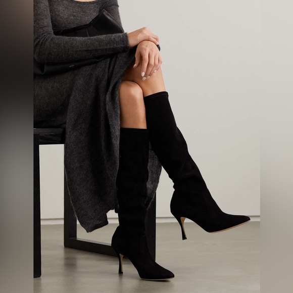 Stuart Weitzman Suede Stretch Knee High Black Pointed Toe Sock